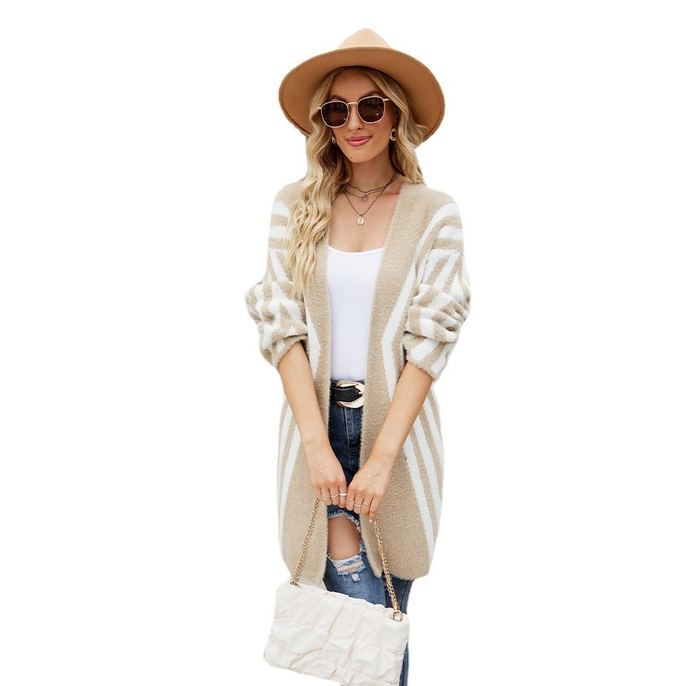 Fall Winter New 2024 V-Neck Color-Blocked Stripes Loose Plus Size Women's Cardigan Jacket Women's Sweater