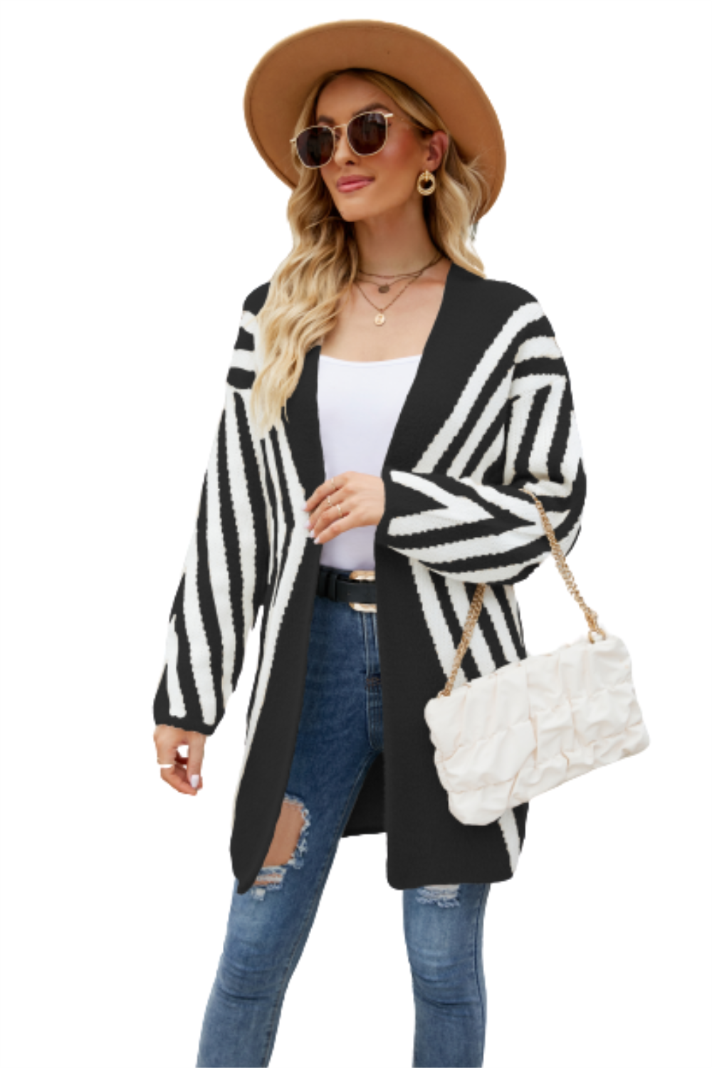 Fall Winter New 2024 V-Neck Color-Blocked Stripes Loose Plus Size Women's Cardigan Jacket Women's Sweater