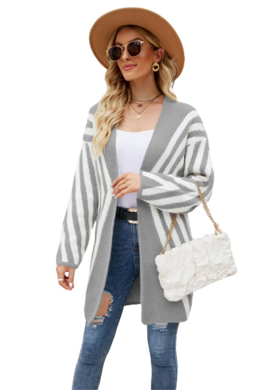 Fall Winter New 2024 V-Neck Color-Blocked Stripes Loose Plus Size Women's Cardigan Jacket Women's Sweater