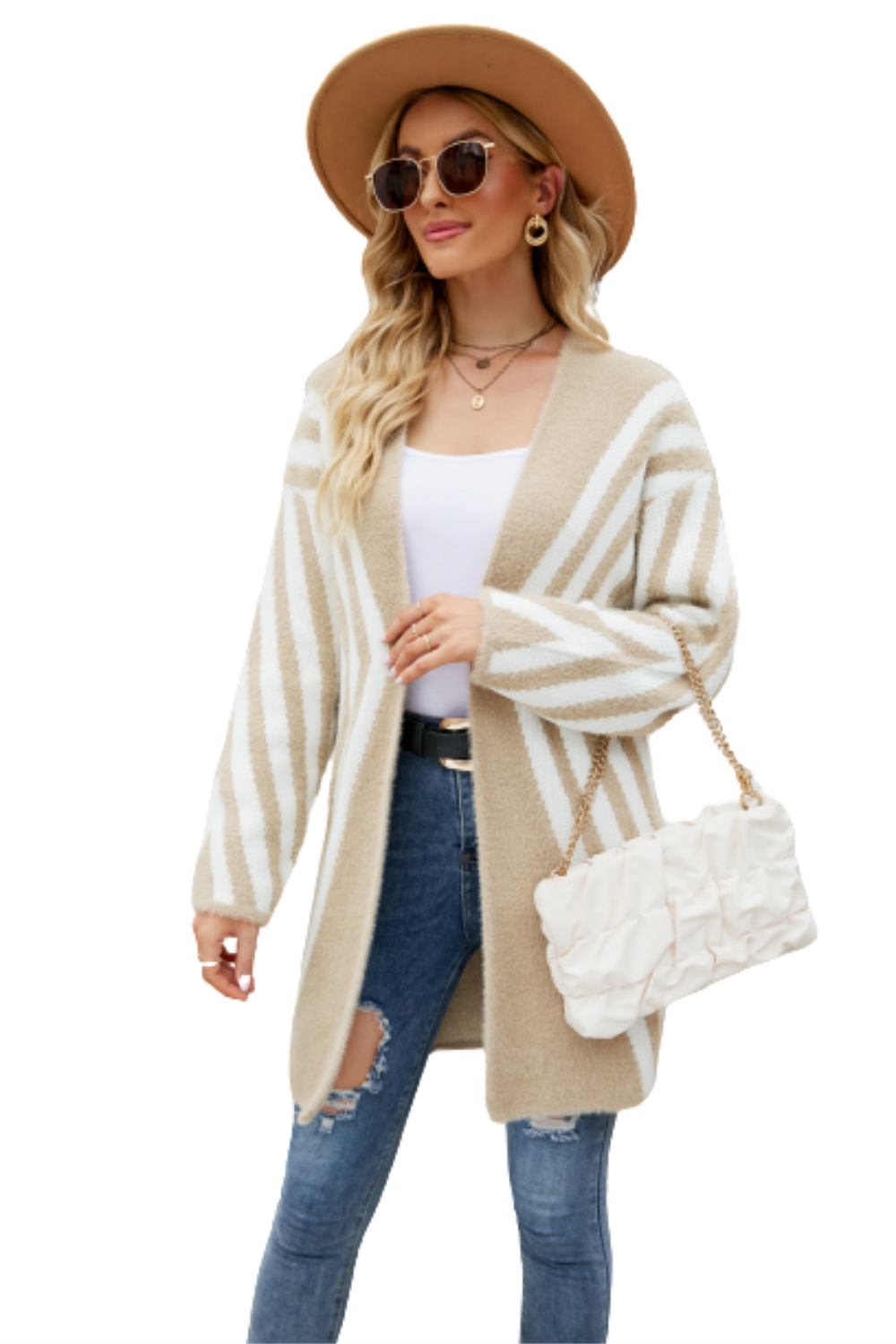 Fall Winter New 2024 V-Neck Color-Blocked Stripes Loose Plus Size Women's Cardigan Jacket Women's Sweater