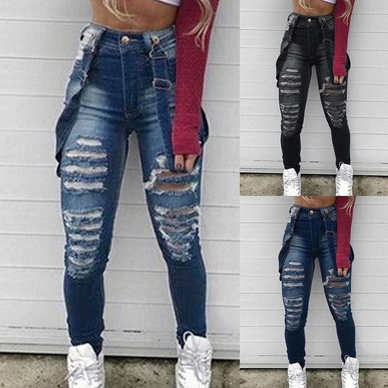 Fashion Suspender High Waisted Ripped Washed Long Cut Out And Sew Jeans Elastic Sexs Brushed Denim Thick Girls Tight Sexs Jeans