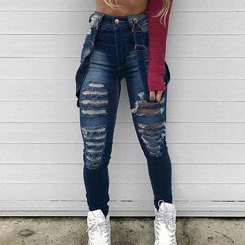 Fashion Suspender High Waisted Ripped Washed Long Cut Out And Sew Jeans Elastic Sexs Brushed Denim Thick Girls Tight Sexs Jeans