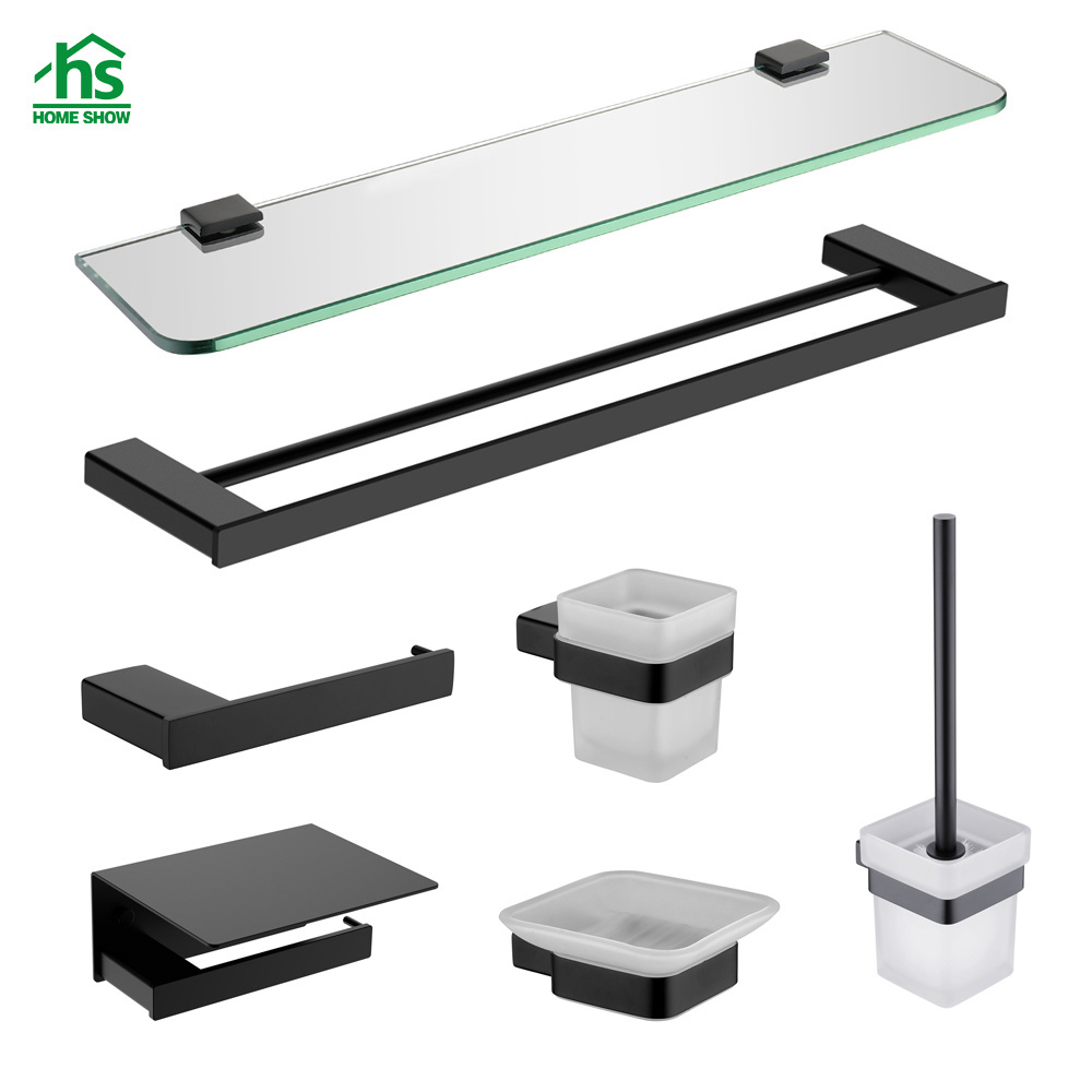 High Quality 304 Stainless Steel Bathroom Accessories Set Matte Black Factory Modern for Hotel Brushed Bathroom Hardware