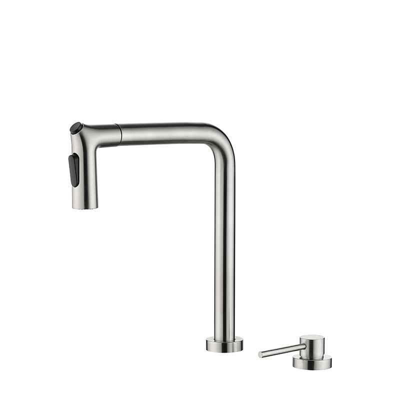 304 Stainless Steel 2 Holes Types Sink Long Neck Kitchen Taps Mixer Nickel 360 Degree Swivel Spout Pull Out Kitchen Sink Faucet