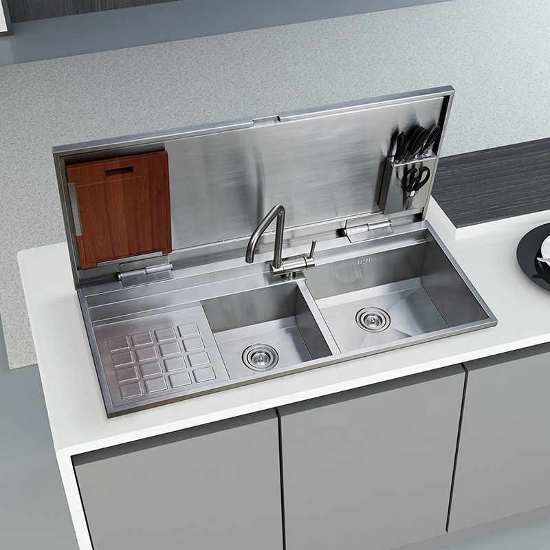 Luxury large multifunction brushed 304 stainless steel double bowl kitchen sink sink with cover