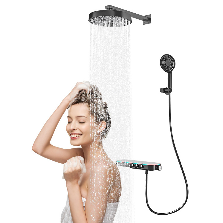 Smart concealed shower system thermostatic shower set bath faucet 3 way function round handheld shower gun metal gray