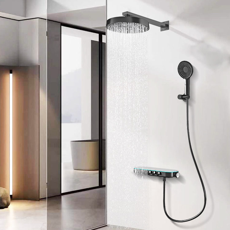 Smart concealed shower system thermostatic shower set bath faucet 3 way function round handheld shower gun metal gray