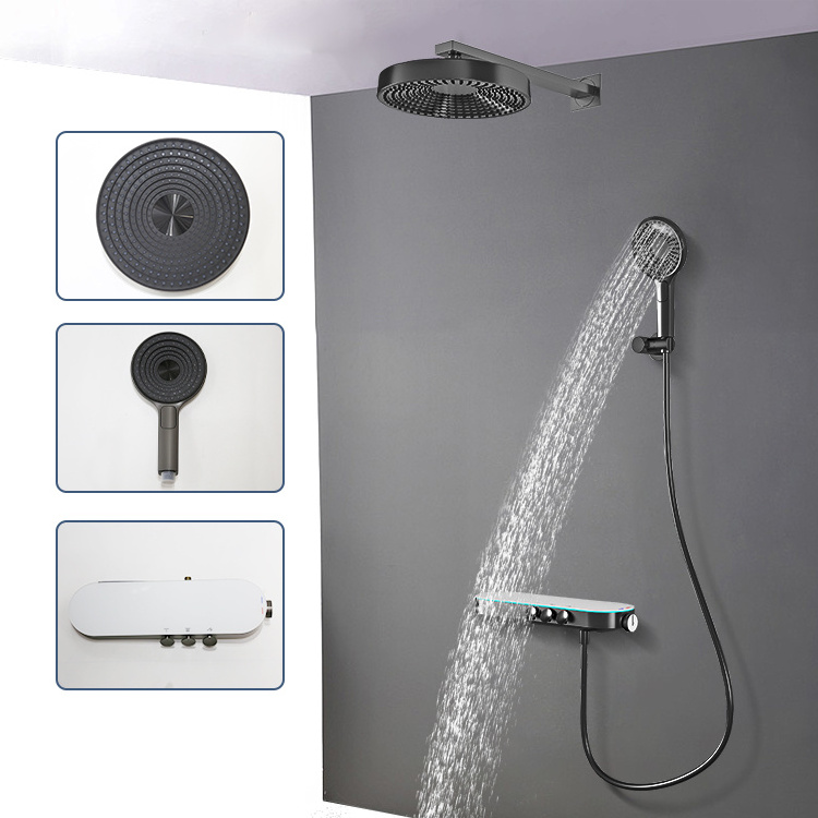 Smart concealed shower system thermostatic shower set bath faucet 3 way function round handheld shower gun metal gray