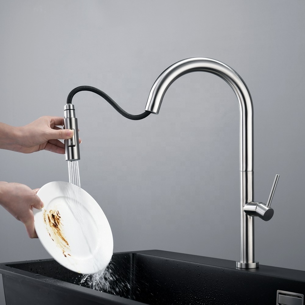 Stainless Steel Single Handle hole sink long neck taps commercial Waterfall Kitchen Mixer Faucet with pull down sprayer