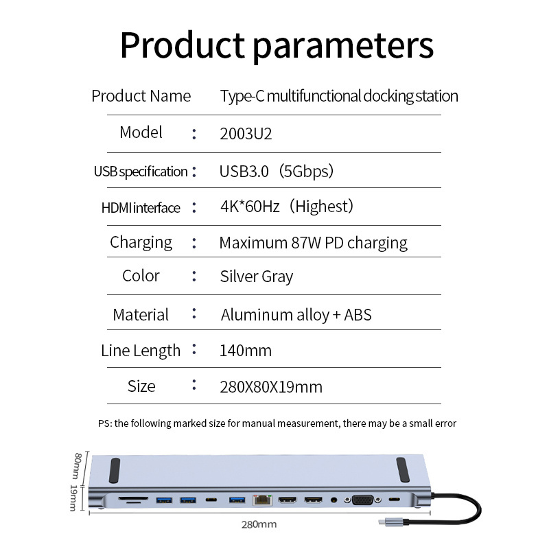 hub docking station usb hub 12 in 1 Type-C to HD-MIK*2 VGA RJ45 USB3.0 USB2.0*2 USB-C AUDIO3.5 PD 87W SD TF