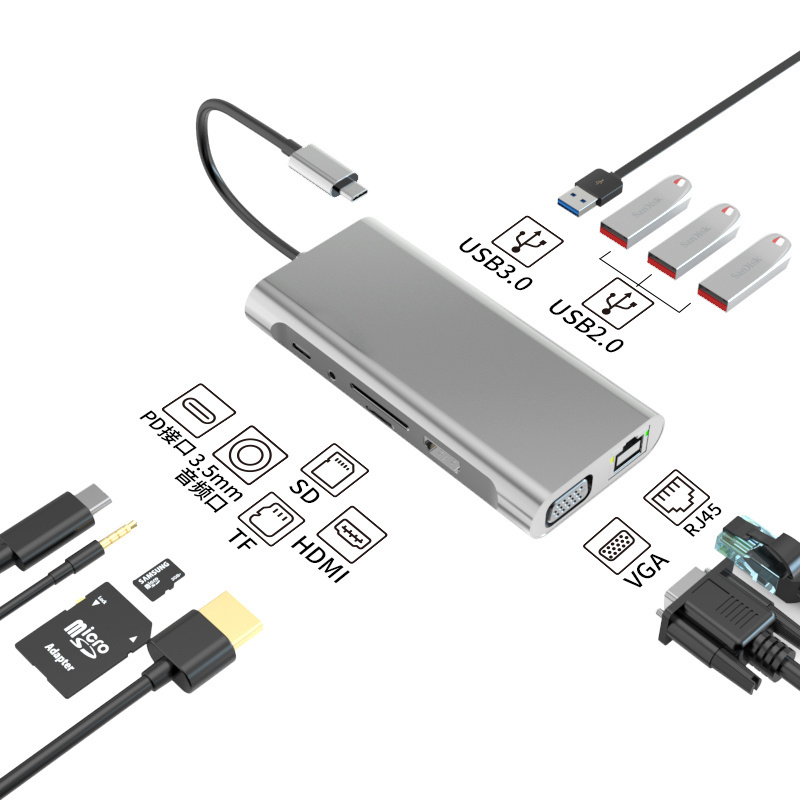 Usb hub powered usb hub BASIX 11 in 1 HD-MI VGA PD RJ45 USB3.0 SD TF docking station