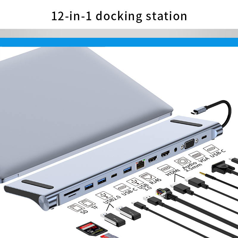 hub docking station usb hub 12 in 1 Type-C to HD-MIK*2 VGA RJ45 USB3.0 USB2.0*2 USB-C AUDIO3.5 PD 87W SD TF