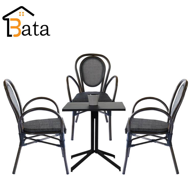 French Style Table And Chairs Cafe Furniture Parisian Outdoor Side Chair Aluminum Rope Wicker Bistro Table Set