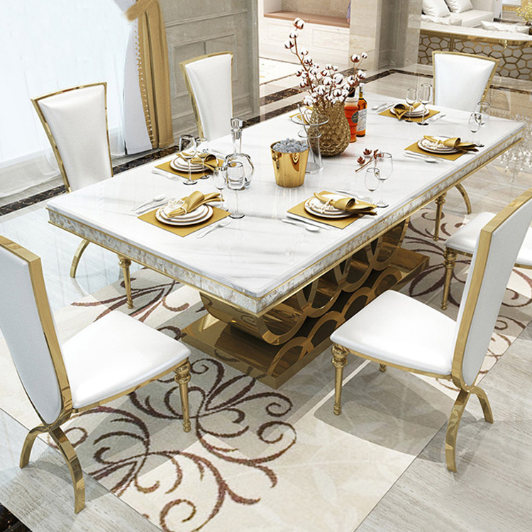 luxury italian style dinner table and chair rectangular stainless steel leg marble top modern dining table chairs set