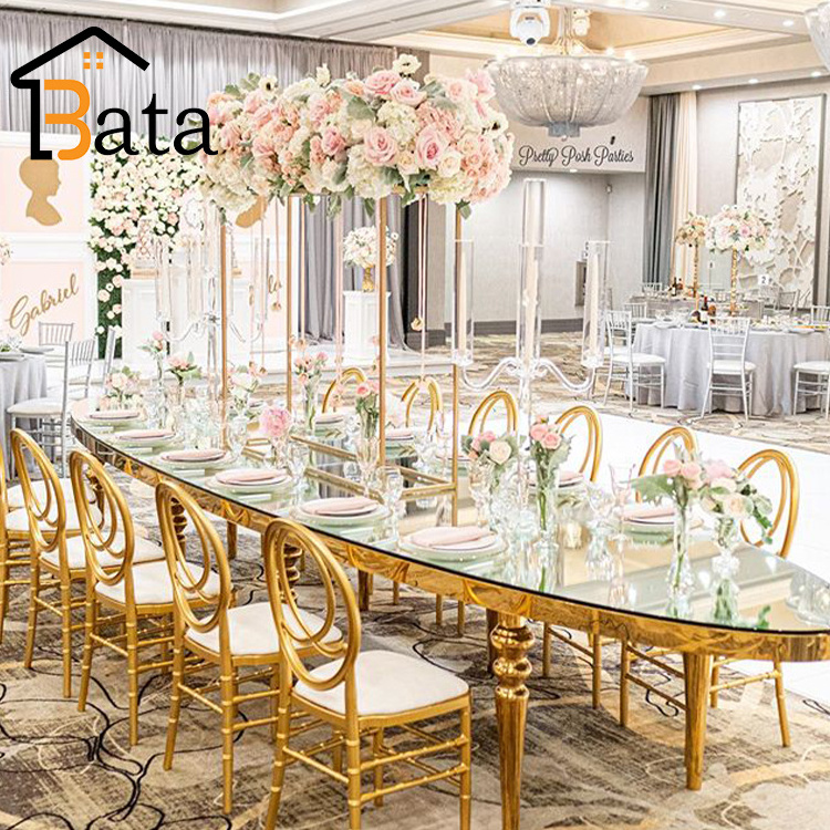 glass top oval shape dining table gold stainless steel frame hotel wedding table