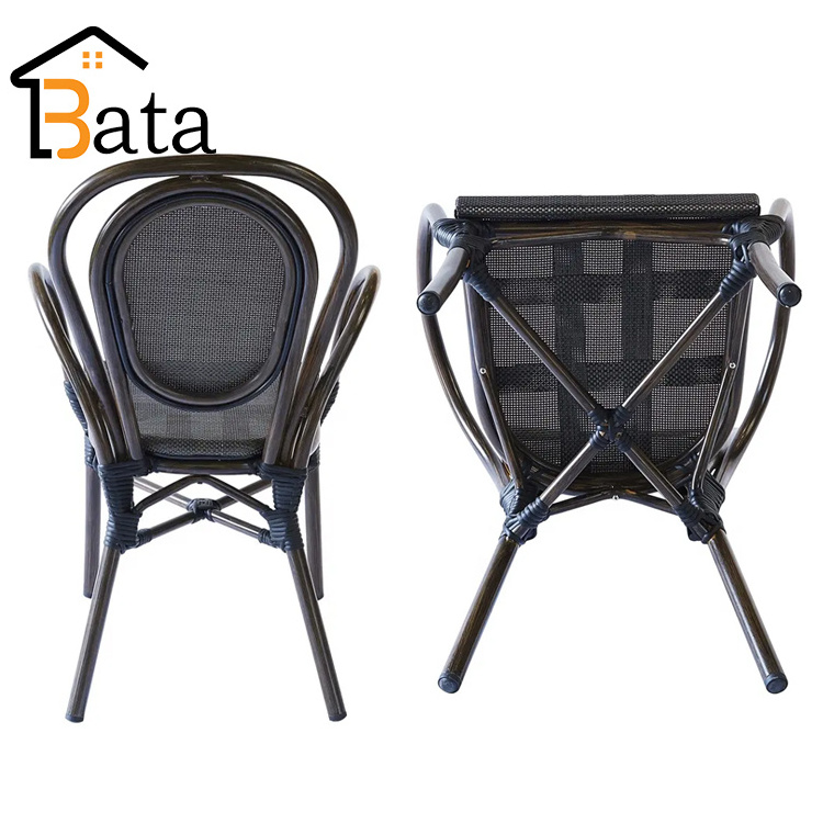 French Style Table And Chairs Cafe Furniture Parisian Outdoor Side Chair Aluminum Rope Wicker Bistro Table Set