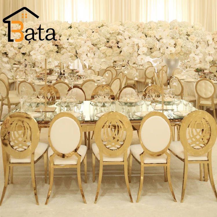 gold royal hotel event wedding stainless steel chair with back flower