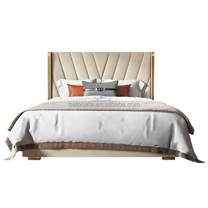 luxury bed room stainless steel bed frame gold and beige white Leather upholstered queen hotel bed