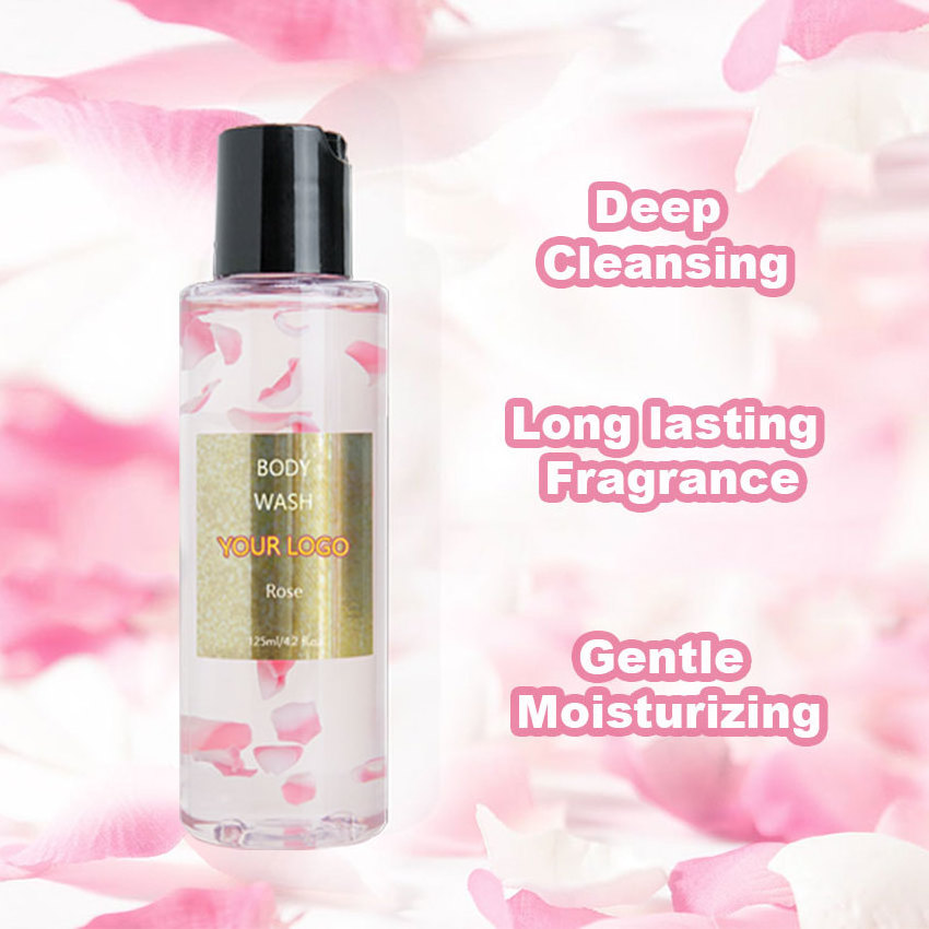 wholesale oem/odm skin care vegan private label  body wash liquid soap perfume whitening rose flower flavor hotel shower gel