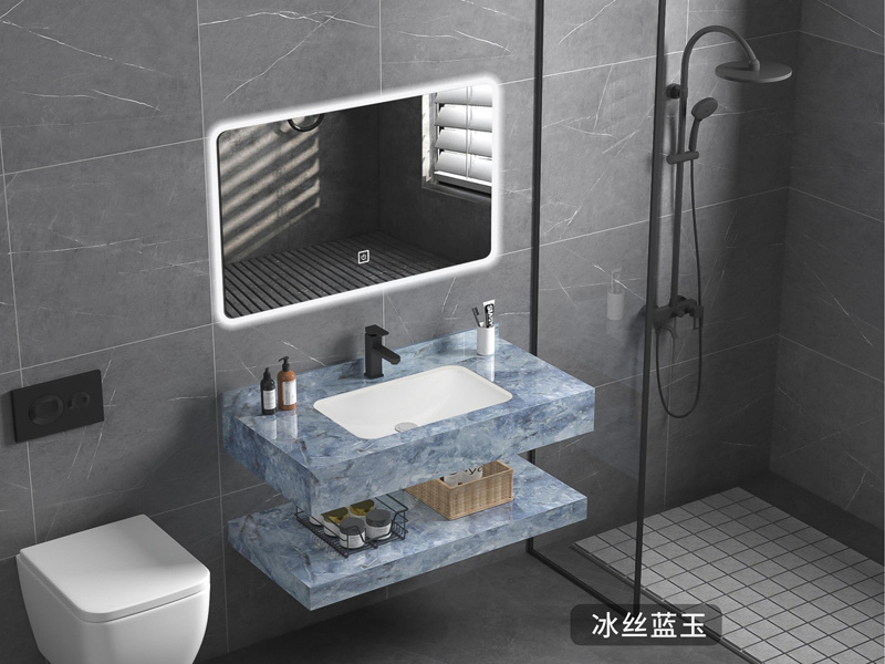 luxury style washroom wall mounted marble basin vanity cabinet Bathroom Rock Slab Sinks with smart LED Mirrored Cabinets