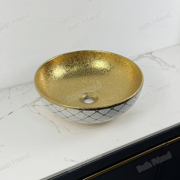 Latest Gold Art Decorated Basin Countertop Above Counter Bathroom Porcelain Sink Face Wash Basin Hand Washing Basin