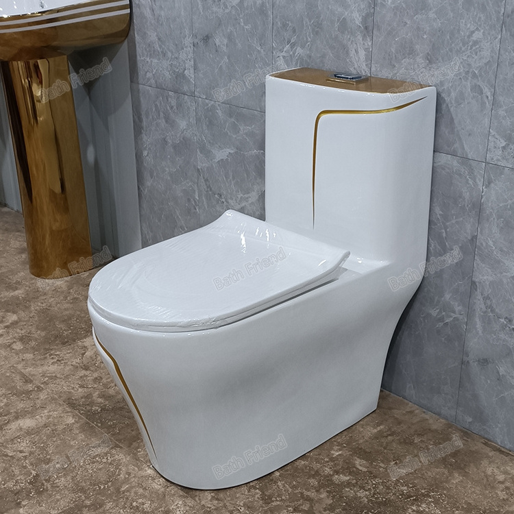 Africa well selling luxury WC luxury electroplated toilets P-trap washdown one piece gold toilet