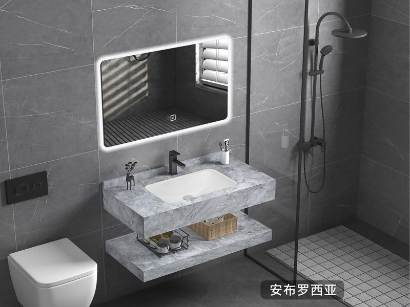 luxury style washroom wall mounted marble basin vanity cabinet Bathroom Rock Slab Sinks with smart LED Mirrored Cabinets