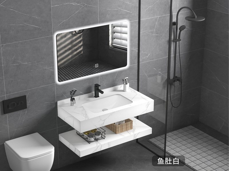 luxury style washroom wall mounted marble basin vanity cabinet Bathroom Rock Slab Sinks with smart LED Mirrored Cabinets