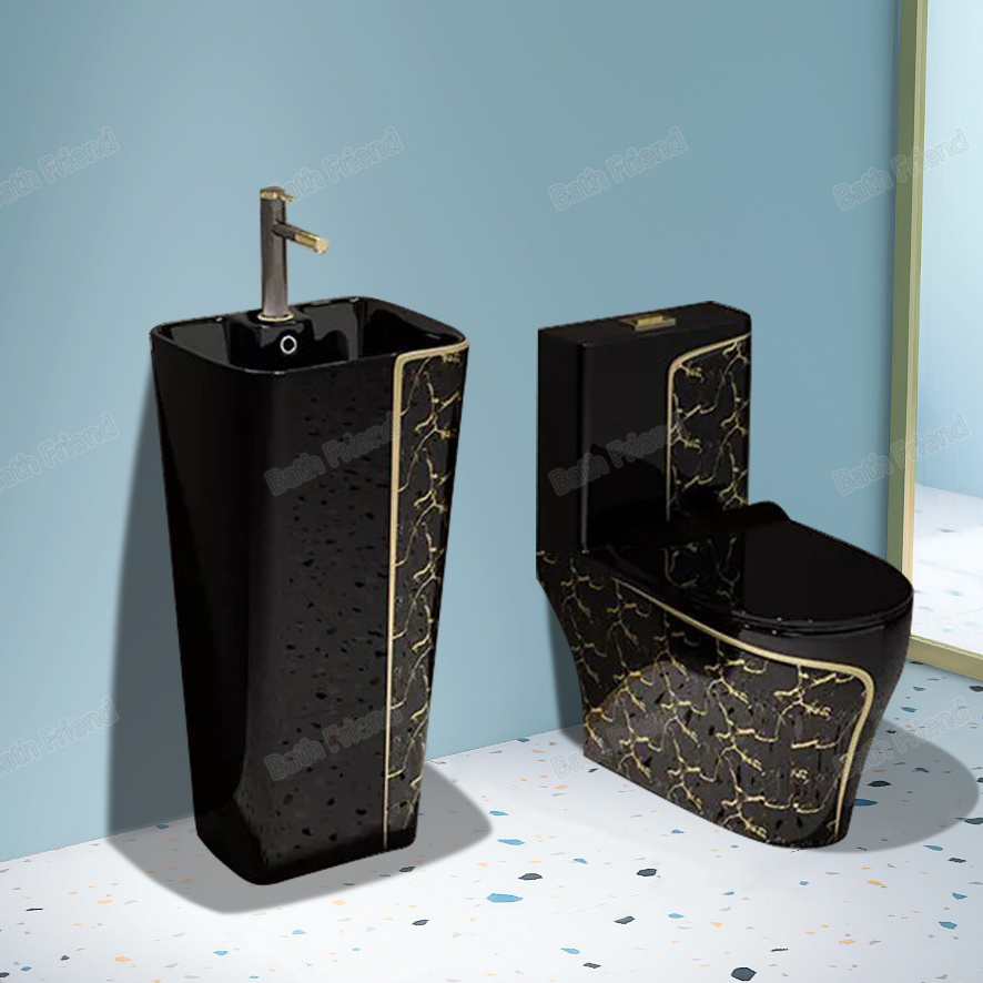 Prefab Bathroom Whole Set Semi Gold Pattern Decorative Ceramic Toilet Sanitary Ware Comode Black Toilet