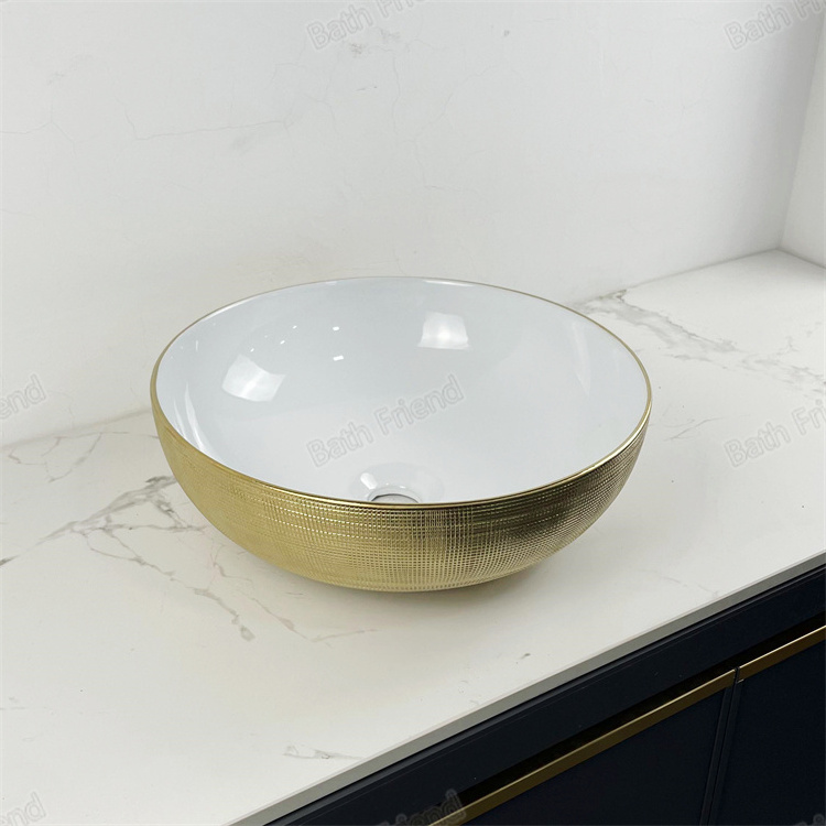 Latest Gold Art Decorated Basin Countertop Above Counter Bathroom Porcelain Sink Face Wash Basin Hand Washing Basin