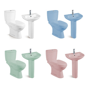 Nigeria Ghana cheap Washdown two piece toilet sanitary wares water closet blue pink WC toilets bowl pedestal basin set