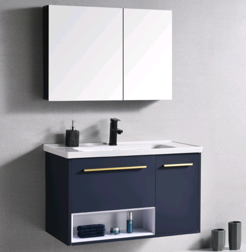 modern wash basin cabinet design blue color Stainless steel bathroom vanity wall mounted cabinet with mirror cheap price