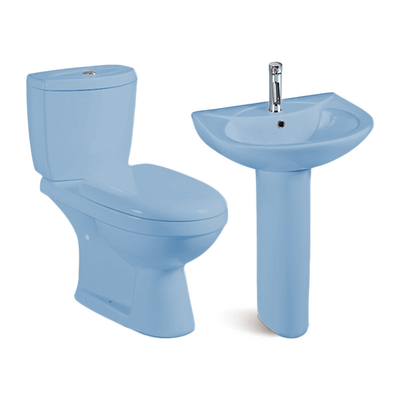 Nigeria Ghana cheap Washdown two piece toilet sanitary wares water closet blue pink WC toilets bowl pedestal basin set