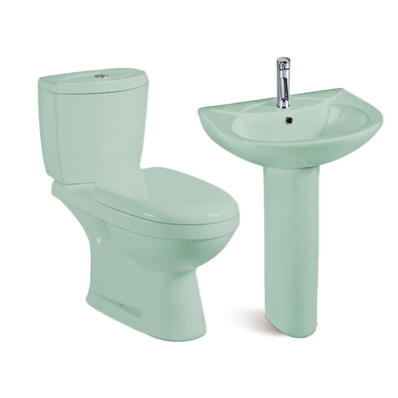 Nigeria Ghana cheap Washdown two piece toilet sanitary wares water closet blue pink WC toilets bowl pedestal basin set