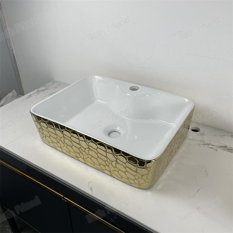 Latest Gold Art Decorated Basin Countertop Above Counter Bathroom Porcelain Sink Face Wash Basin Hand Washing Basin