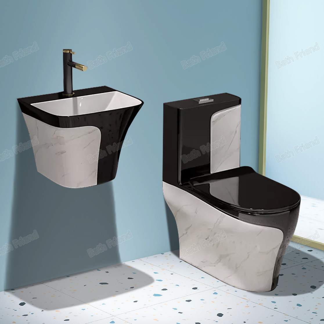 Prefab Bathroom Whole Set Semi Gold Pattern Decorative Ceramic Toilet Sanitary Ware Comode Black Toilet