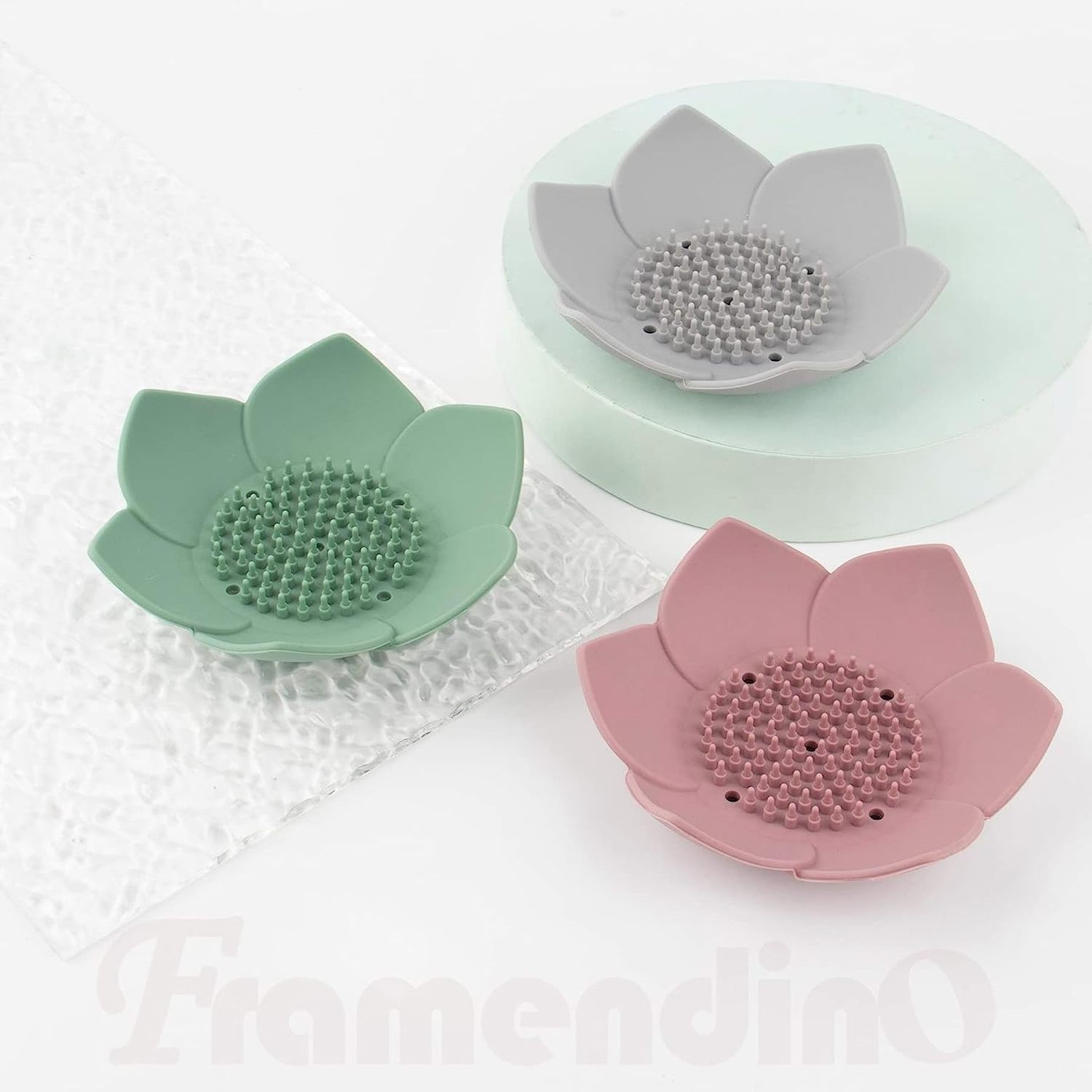 Lotus Flowers Soap Dish with Drain Silicone Holder Non-Slip Flexible Tray for Bathroom Shower