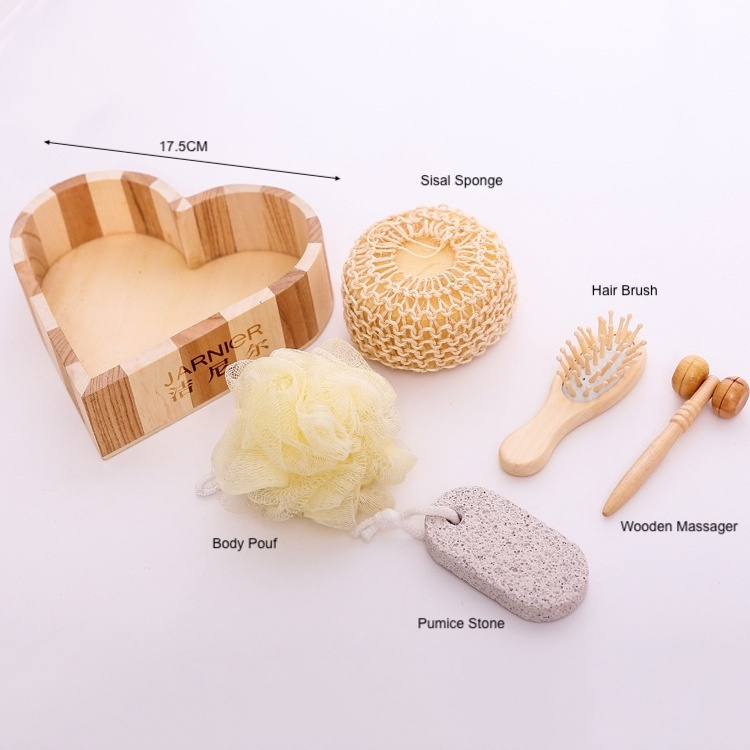 Promotional 6 Pieces Heart Shape Wooden Spa Set Box Bath Body Accessories Gift Set brush sponge