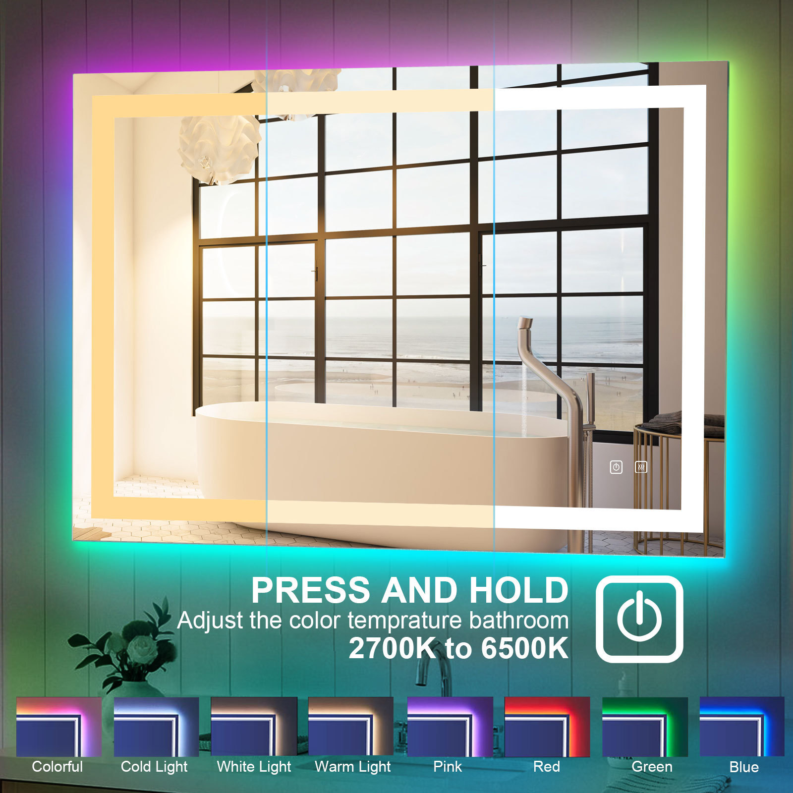 New Style  RGB Rectangle LED Bath Mirror with light / Touch Switch Anti fog Smart Mirror