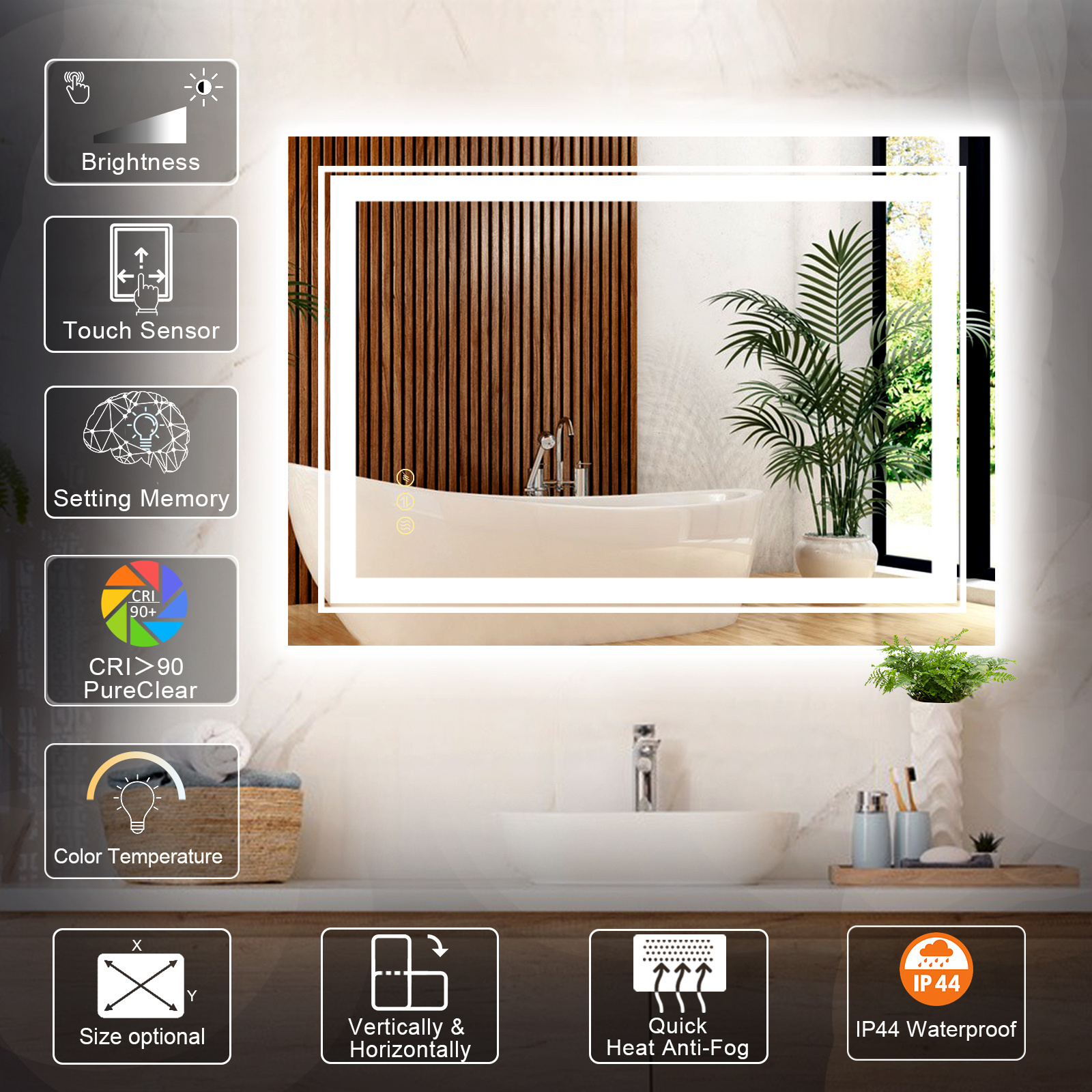 Factory Tempered Glass Touch screen Wall Mounted Led  Bathroom Mirror with Led Light