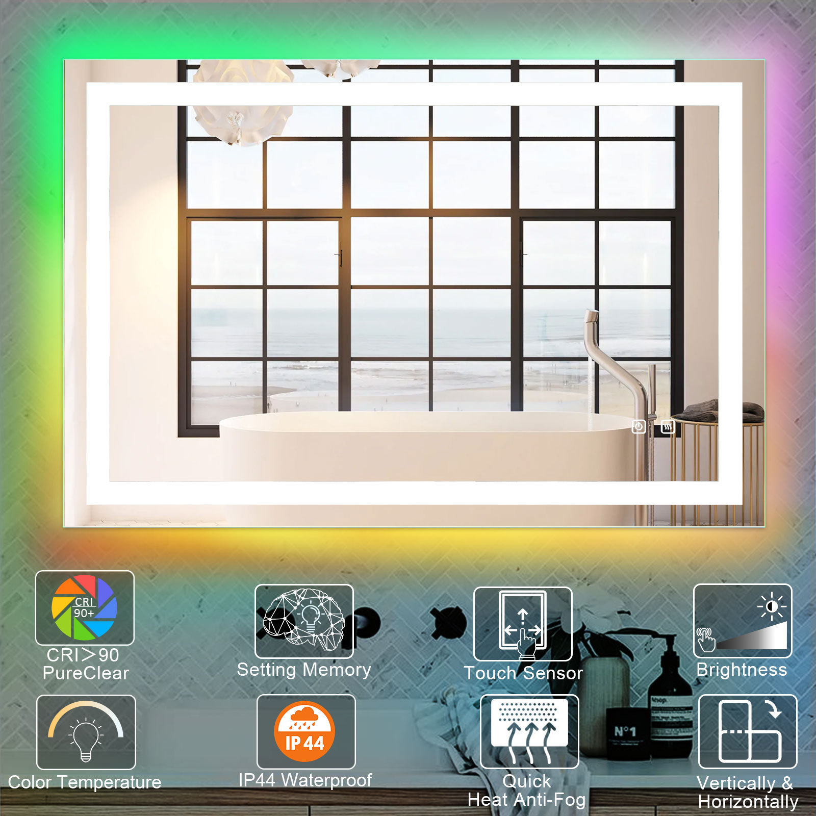 New Style  RGB Rectangle LED Bath Mirror with light / Touch Switch Anti fog Smart Mirror