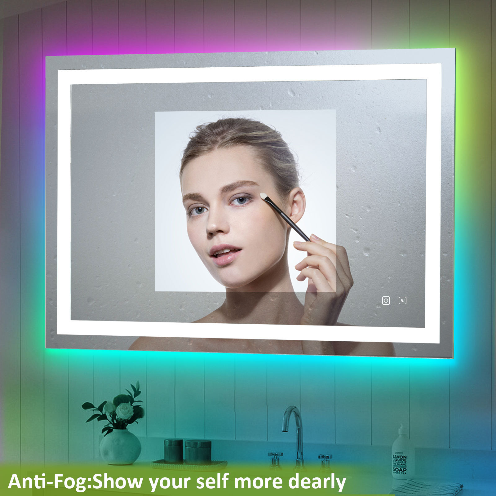 New Style  RGB Rectangle LED Bath Mirror with light / Touch Switch Anti fog Smart Mirror