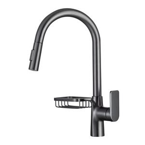 Gun Grey Pull Down Kitchen Faucet With Shelf  Brass Water Tap