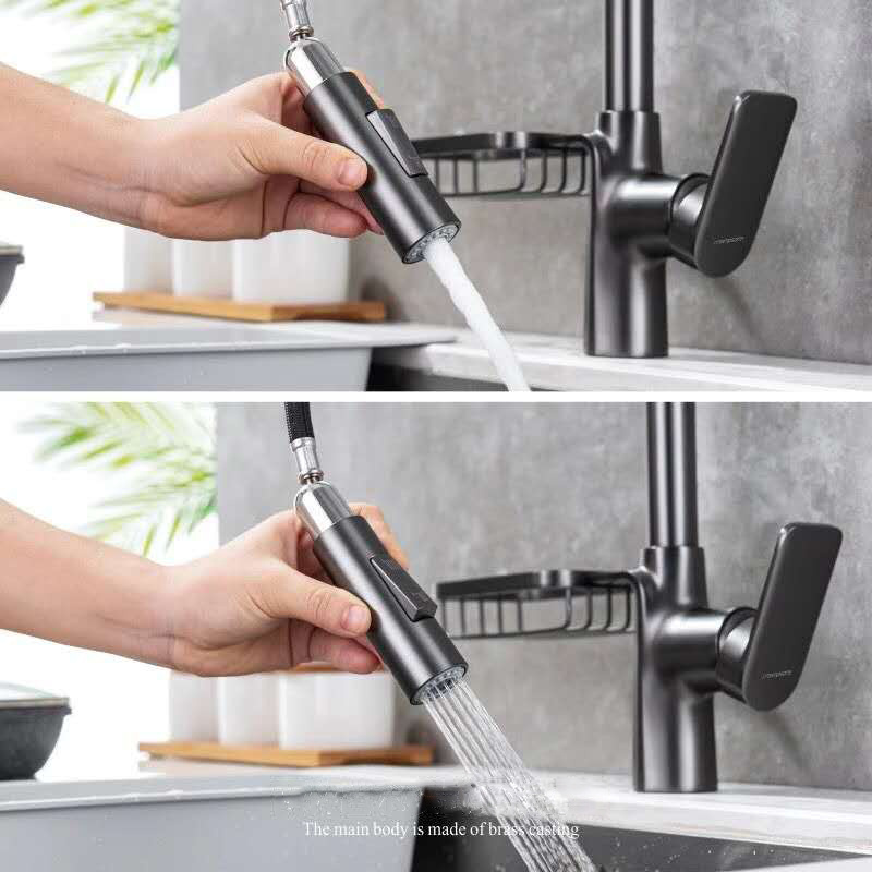 Gun Grey Pull Down Kitchen Faucet With Shelf  Brass Water Tap