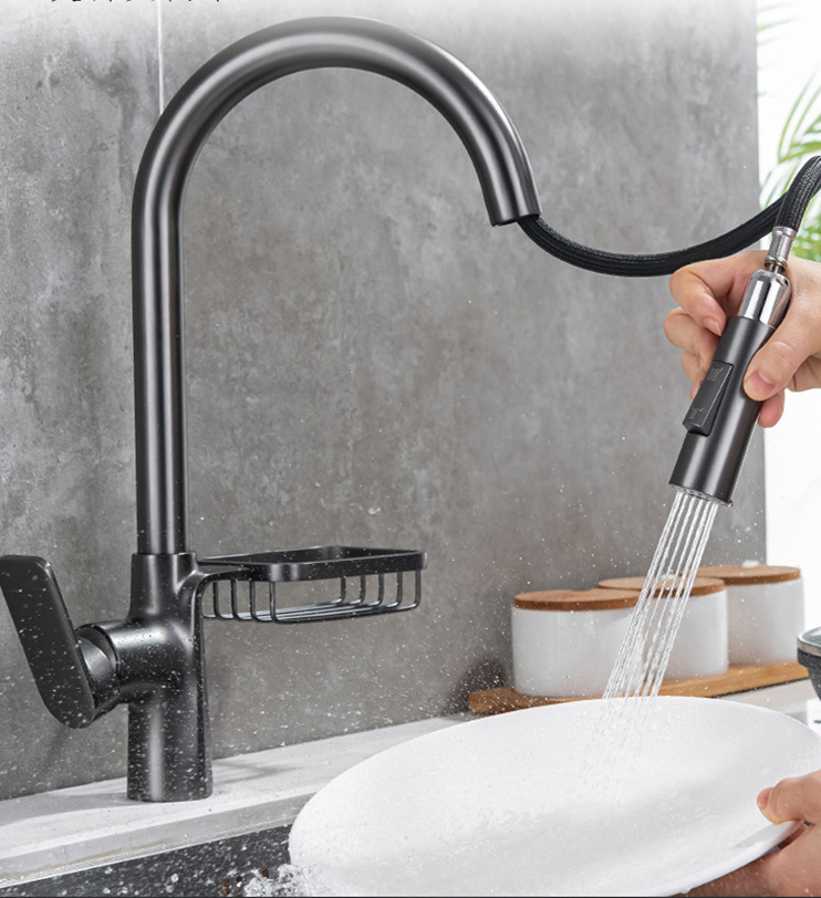 Gun Grey Pull Down Kitchen Faucet With Shelf  Brass Water Tap