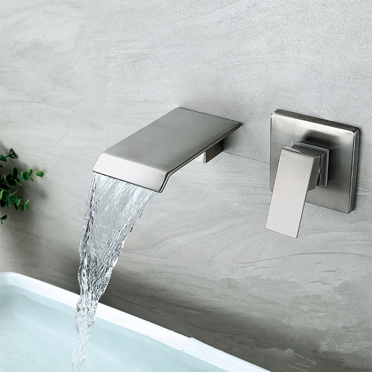 Wall Mount Bathroom Sink Faucet One Handle Single Hole Wide Waterfall Spout Basin Mixer Tap