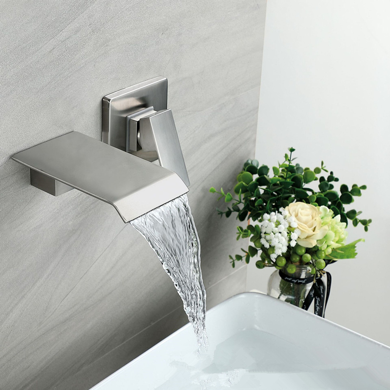 Wall Mount Bathroom Sink Faucet One Handle Single Hole Wide Waterfall Spout Basin Mixer Tap