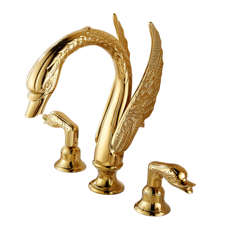 polished gold basin faucet Swan Shape Sink Faucet 2 Handles Basin Mixer Tap