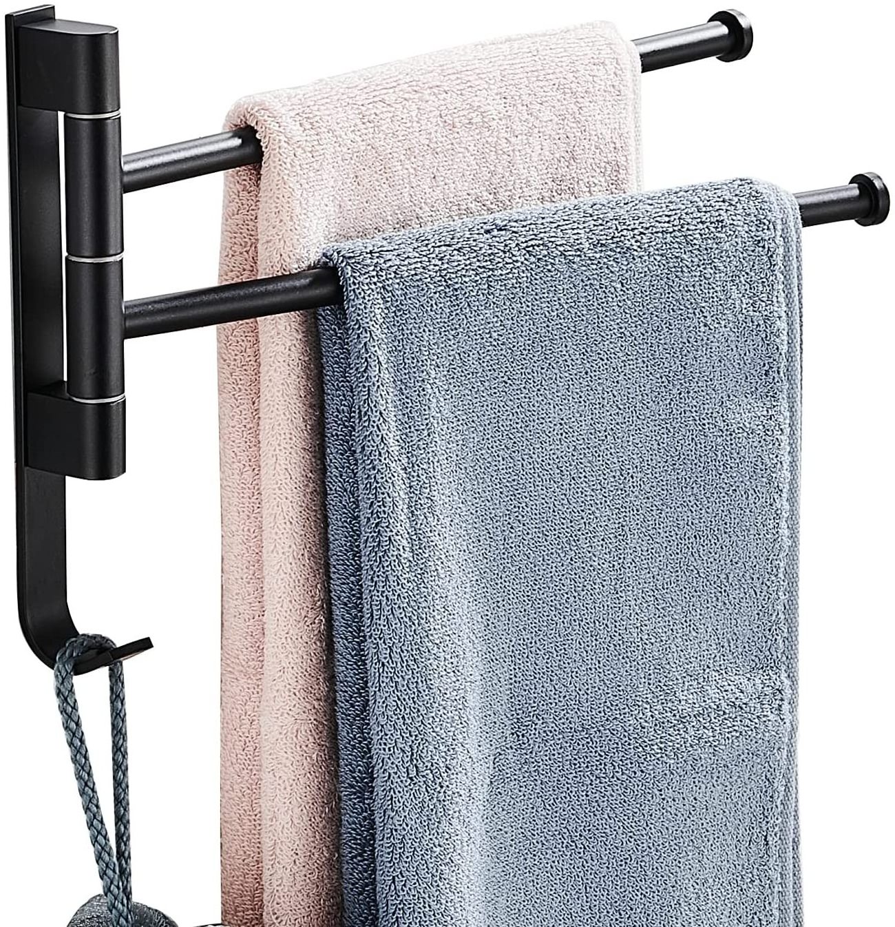 Space Aluminum Bathroom Hand Towel Rack with Hooks Folding Swing Hanger Rack 2 Arm