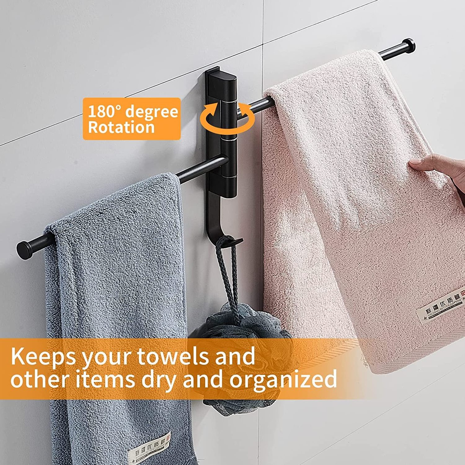 Space Aluminum Bathroom Hand Towel Rack with Hooks Folding Swing Hanger Rack 2 Arm